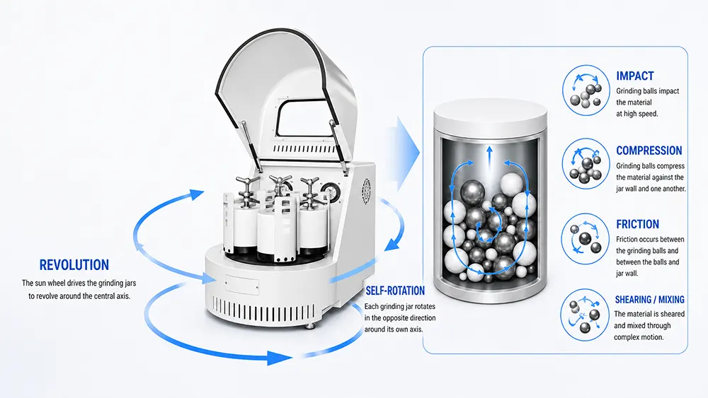 Schematic diagram of the revolution, rotation and grinding action principles of planetary ball mill