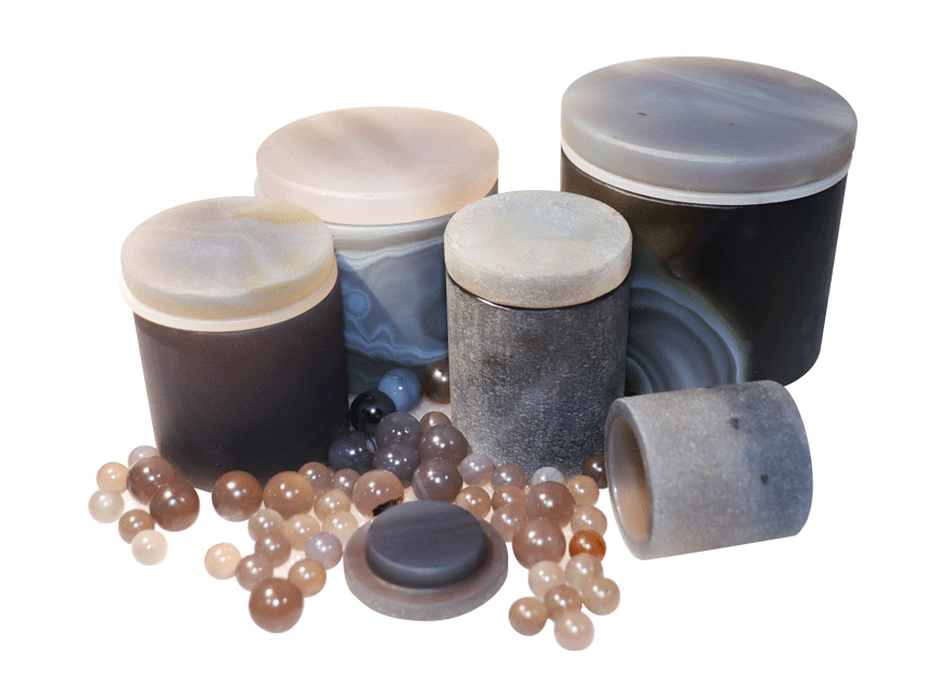 Interior view of an agate planetary mill jar with agate grinding balls